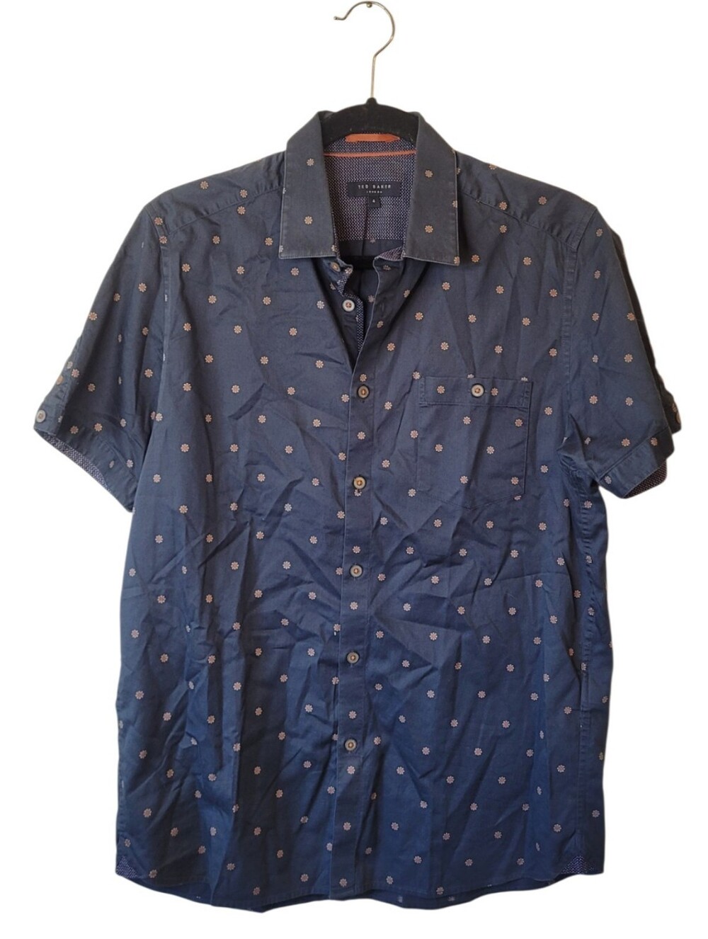 Ted Baker Navy Short-Sleeve Button-Down Shirt with Small Flower Motif Size 4/L